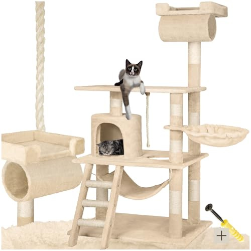 Tectake® Arbre à Chat Griffoir 141cm - Maison Intérieure avec Grattoir, Rampe, Couchage, Hamac, Tunnel, Échelle et Lit pour Chats