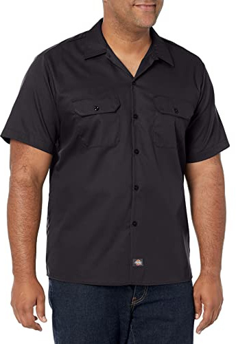 Dickies Men's Short-Sleeve Flex Work Shirt Slim Fit Button, Black V1, S