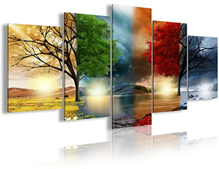 DekoArte 243 - Cuadros Modernos Impresión de Imagen Artística Digitalizada | Lienzo Decorativo Para Salón o Dormitorio | Estilo Paisaje Cuatro Estaciones del año Árboles Rojo | 5 Piezas 200x100cm XXL