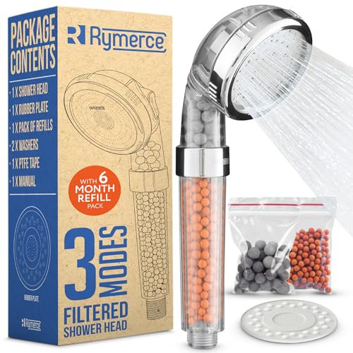Filtered Shower Head for Hard Water UK - Universal Adjustable 3 Mode Function Handheld Replacement - High Pressure Shower Head Filter with Eco Beads
