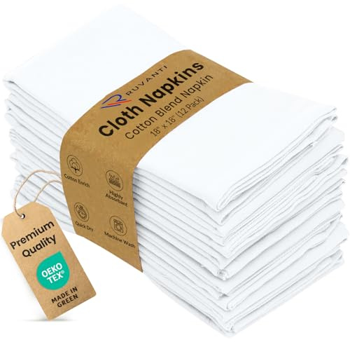Ruvanti Cloth Napkins Set of 12, Cotton Enrich 18”x18” - White