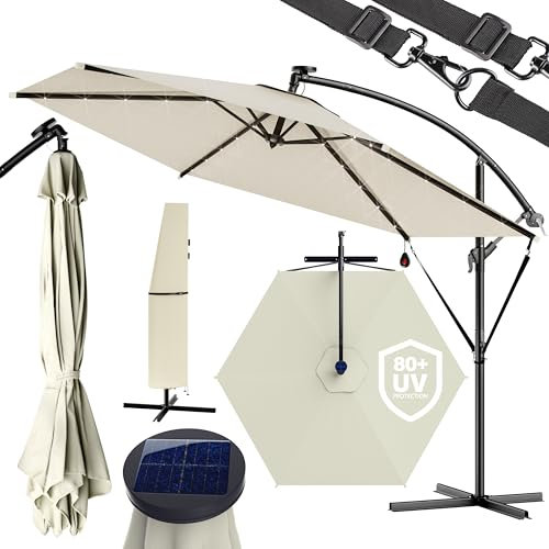 Kingsleeve® Ampelschirm LED Beleuchtung UV Schutz 80+ Solar Ständer Schutzhülle 300cm Groß Kurbel Balkon Terrasse Gartenschirm Sonnenschirm Creme