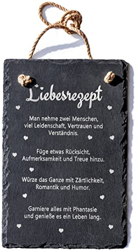 Spruchreif · Schiefer Tafel mit Gravur Rezepte · Türschild · Schieferschild mit Juteband · Dekoschild aus Schiefer zum Aufhängen (Liebesrezept)