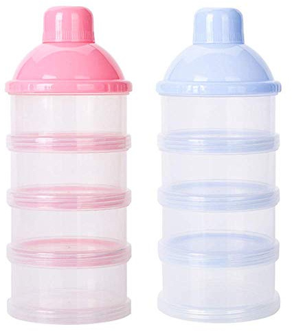 Bärbar mjölkpulverdispenser i 4 lager, 2 stycken formula mjölkpulver förvaringsbehållare, bärbar matförvaringsbehållare med sigill mjölkpulver för resor och utomhusbruk (blå, rosa)