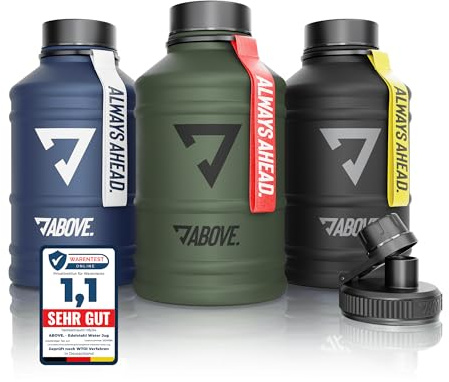 ABOVE. Edelstahl Trinkflasche 1.3L / 2.2L, BPA-frei, 100% auslaufsicher | Metallflasche, 304 Edelstahl, mit Standarddeckel & Klappverschluss, für Fitness, Sport & Outdoor, Handwäsche, nicht isoliert