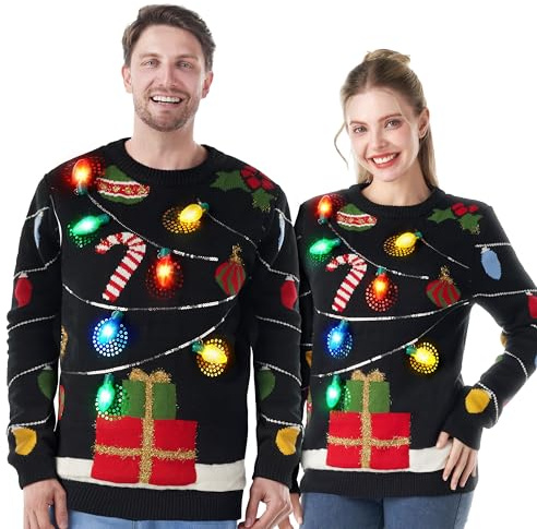 JOYIN LED-upplyst jultröja kvinnor män par, ful jultröja barn med glödlampor, pullover 2025, Svart remsa, M