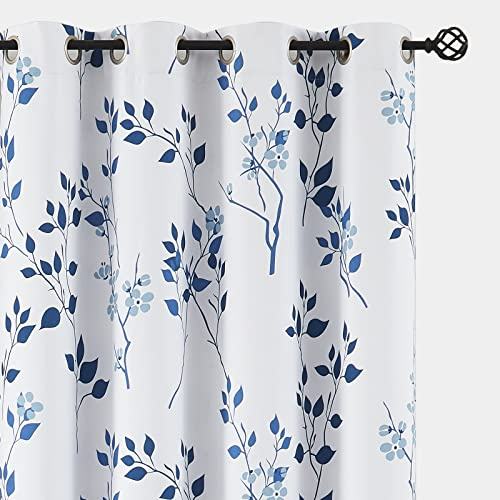 Beauoop Navy Blau Blickdicht Vorhänge Blätter Blumen Muster Vintage Vorhänge mit Ösen Botanisch Themovorhang Verdunkelungsvorhänge für Bauernhaus Wohnzimmer Schlafzimmer 2er Set, 132 x 175 cm (HxB)