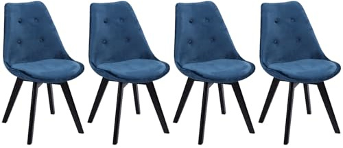 Happy Garden Lot de 4 chaises de Salle à Manger Nora Velours Bleu avec Coussin, chaises de Cuisine, chaises rembourrées, Pieds Noirs en Bois de hêtre Massif