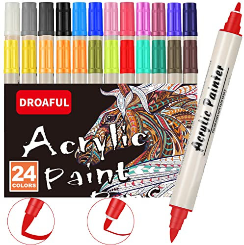 Droaful Acrylic Paint Pens Markers,24 Color Paint Markers Dual Fine & Brush Tips For Rock Painting,Fabric,Metal,Glass,Wood,Canvas,Ceramic,Plastic,Non-Toxic & Odor,Premium Art And DIY Craft Supplies