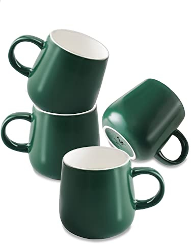 T-WARE 12 Oz Coffee Mugs, Waxy Dark Green Mug Set of 4, Ceramic Mugs Coffee, Solid Color Coffee Cups Ceramic