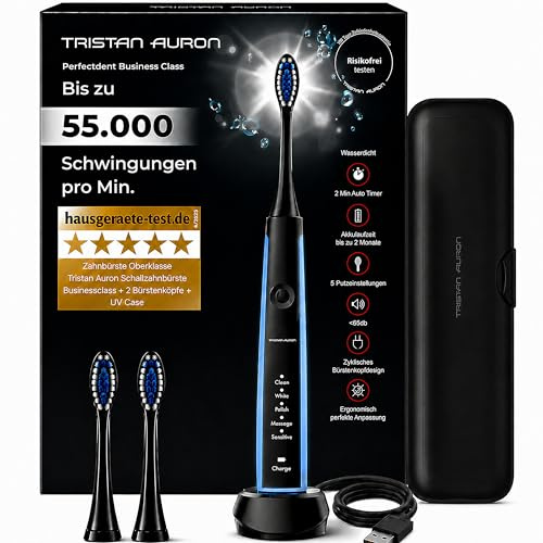 Elektrische Schallzahnbürste 55.000 VPM, 5 Modi, risikofrei 100 Tage testen | Tristan Auron SonicMaster blau, Beste Reisezahnbürste, 60 Tage Akku, IPX7 Wasserdicht, 2 Min.Timer, Reiseetui, 2 Bürstenköpfe