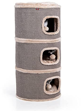 CanadianCat Company | Kratztonne Tony aus Sisal, Höhe 90 cm, Spieltonne für Katzen ø 45 cm, Katzenkratzbaum mit 3 Höhlen, Katzenbaum, Kratzturm aus Sisal, Katzenmöbel, Plüsch mit Spielball, Beige