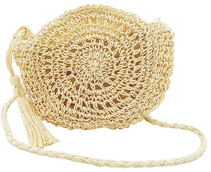 Spldsun Strohtasche Umhängetasche Damen, Retro Klein Stroh Crossbody, Tasche mit Quaster Schultertasche, Strandtasche für Reisen Urlaub(Beige)