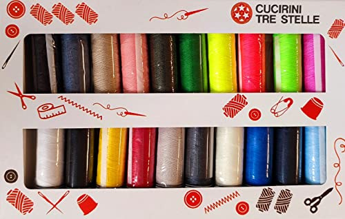 Cucirini Tre Stelle Lester – Set 20 Bobine Filo da Cucito 100% Poliestere, Titolo 100, 100 m cad. – Colori Assortiti – Per Macchina e Cucito a Mano – Made in Italy