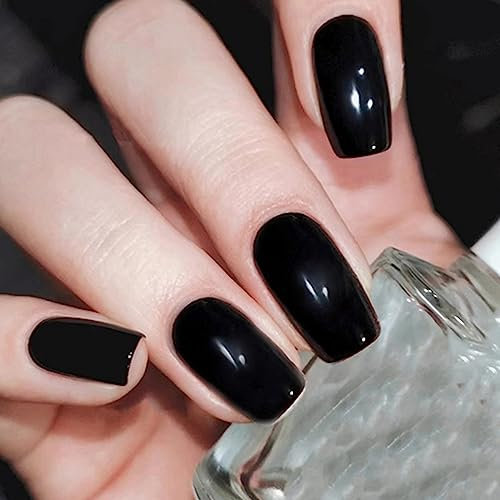 Ceboic 24 Pcs Carrés Faux Ongles Court, Glossy Glänzend Ongles à Coller Couleur Pure French Press on Nails, Acrylique Pleine Couverture Ongles à Presser 12 Tailles pour Femmes et Filles (Noir)