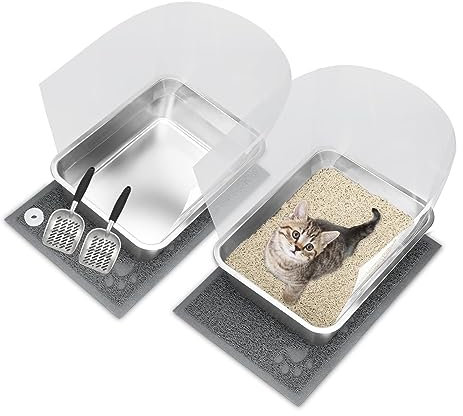 RANYPET Stainless Steel Cat Litter Tray Set,Cat Litter Box with Anti-Splashing Pan Pee Shields,Cats Stainless Scoop and Cats Tray Box Mats,Easy to Clean, Rustproof, Never Absorbs Odors （2 packs）