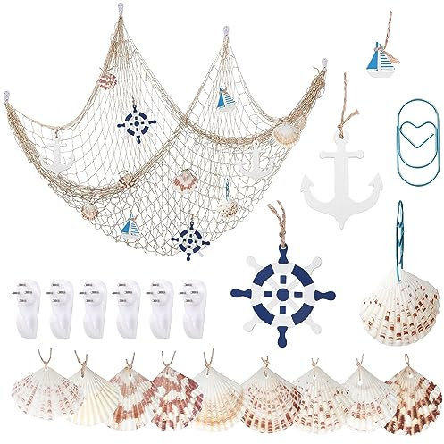 YSDMY Dekoratives Fischernetz 1M*2M Nautisches Fischnetz mit Muscheln，Segelboot，Steuerrad，Holzanker，bildaufhänger ，Büroklammern für die nautische Dekorationsparty zu Hause