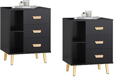 SoBuy FBT95-SCHx2 Set de 2 Mesas Auxiliares Mesita de Noche con 3 Cajones Mesa para Salón Comedor con 2 Estantes 48 x 40 x 60 cm Negro ES