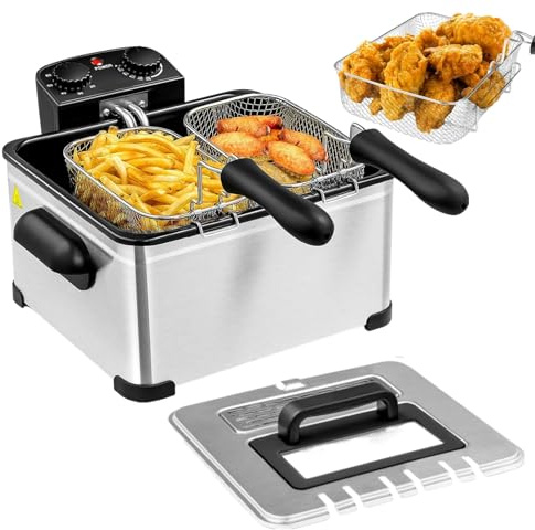 MEDIMALL Deep Fryer with Basket, 5.3QT/21Cup Electric Oil Fryer for Home Use, 1700w Stainless Commercial Countertop Fryers w/View Window/Timer Control/Temperature Knob, Small Fat Fryer for Chicken