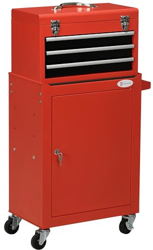 DURHAND 2-in-1 Werkstattwagen inkl. Koffer Werkzeugwagen leer, Rollwagen zur Werkzeugaufbewahrung, Abschließbarer Werkzeugkasten mit Griff, Stahl, Rot