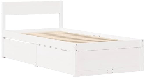 vidaXL Cadre de Lit Simple avec Tiroirs en Bois de Pin Massif - Blanc 90x200 cm - Meuble de Chambre à Coucher