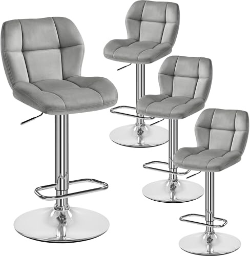 Yaheetech Barhocker 4X Höhenverstellbar Barstühle mit Samt-Bezug Hellgrau | 360°Drehbar Küchenstühle, mit Rückenlehne und Fußstütze, Sitzhöhe 62,5 cm - 84,5 cm, für die Küche