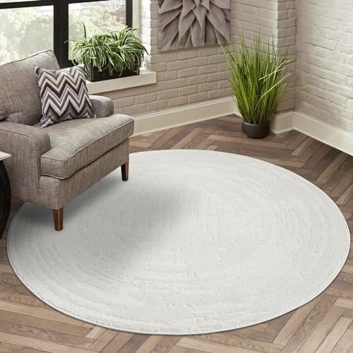 carpet city Teppich Kurzflor Wohnzimmer - Creme - 160 cm Rund - Meliert, Geo-Muster - 3D-Effekt - Moderne Teppiche Flachflor Schlafzimmer, Esszimmer