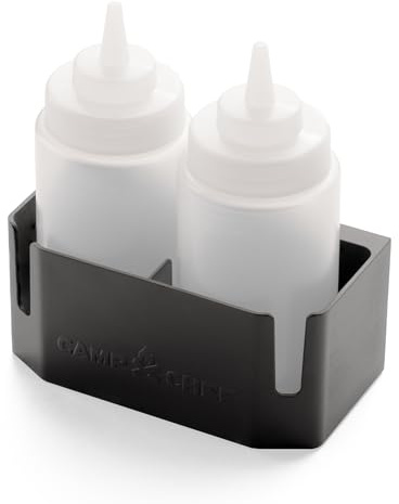 Camp Chef Flaschen-Caddy – Grillzubehör mit Flacher Oberseite, inklusive 2 Quetschflaschen und magnetischem Flaschenhalter