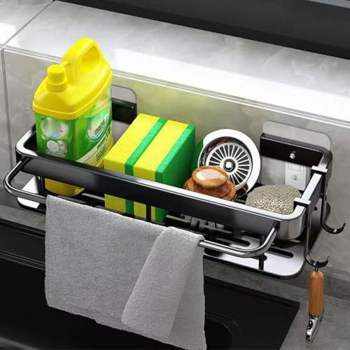 Ainiv Kitchen Sink Caddy, Shower Caddy, Sponge Holder for Sink Tidy, Bathroom Storage Accessory Shelf Organiser No Drilling Hanging, Adhesive Shower Storage Rack with Towel Rail and Hooks (Black)