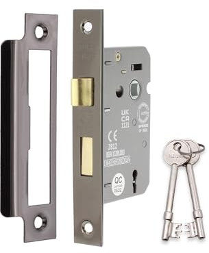 Infinity Decor Fire Rated Black Nickel 3 Lever Mortice Sash Lock CE Approved Key Security Door Latch 65mm for Internal and External Doors