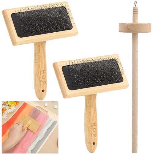 Wool Carders Hand Carding Set - 3 PCS Wooden Carders & Drop Spindle for Yarn Weaving & Roving, Hand Carding Tools for DIY Wool Felt Crafts