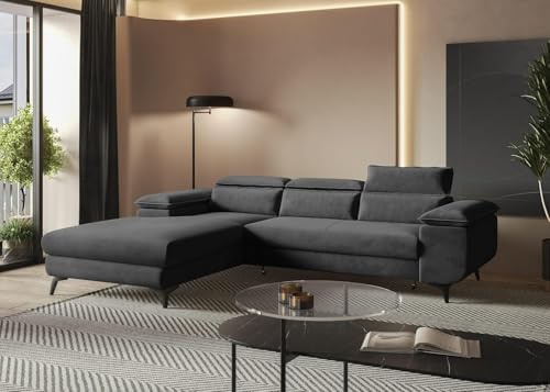 MODERNO Ecksofa mit Schlaffunktion Flat - Modern Sofa 3 Sitzen mit klappbare Kopfstützen - Schlafcouch L-Form mit Metallfüße 205x276x94 cm - Ecke Links Dunkelgrau