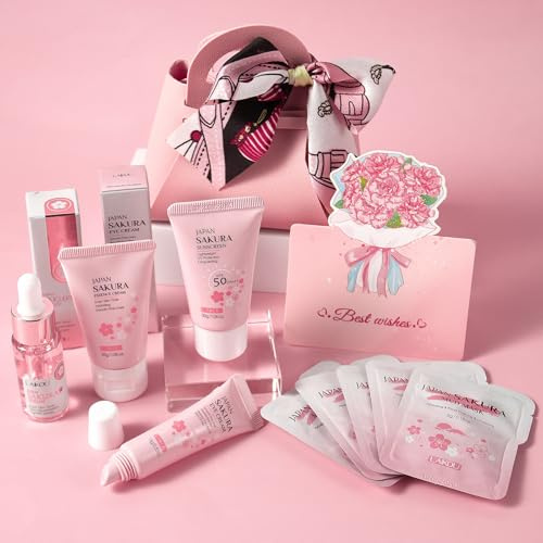 LAIKOU Sakura Skincare Set, 9Pcs Face Hydrating Kit for Teenage Girl | Serum Moisturiser Eye Cream Sunscreen SPF50 Mud Mask Greeting Cards & Gift Bag, Christmas Birthday Pamper Gifts for Women