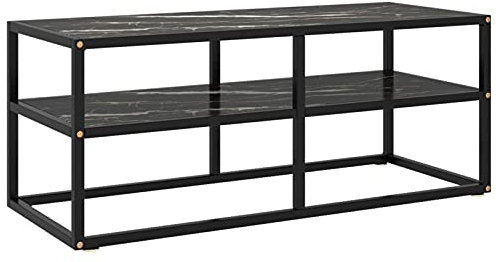 Sufrk Meuble TV noir avec verre noir marbre, 100 x 40 x 40 cm, meuble TV mobile pour télévision, meuble industriel table basse vintage console pour salon