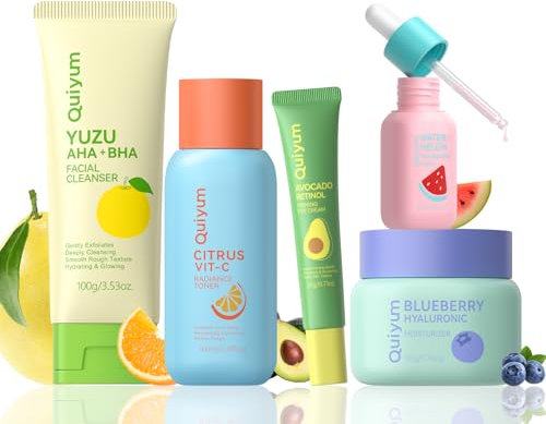 Quiyum Fruit Skincare Set, 6PCS Face Care Kit with Cleanser, Toner, Serum, Eye Cream, Moisturiser & Card, Hydrating & Radiance Boosting, Christmas Birthday Pamper Gifts for Women Teenage Girls