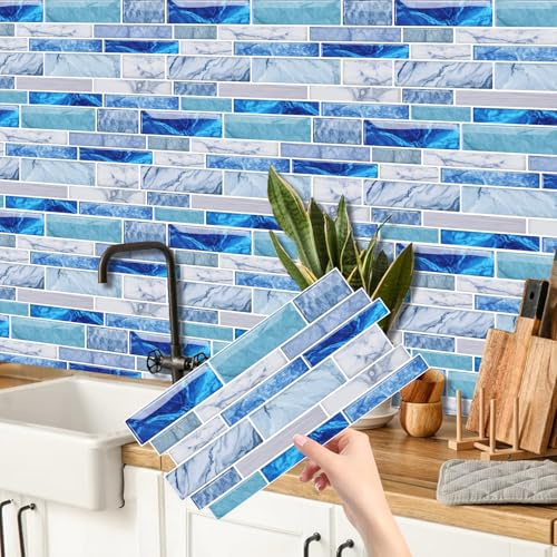 CHDITB 16 Sheets 2D Self Adhesive Wall Tiles,Blue Marble Effect Tiles,Marble Stick On Stickers Splashbacks,Kitchen Backsplash Peel and Stick Decals,Vintage Backsplash Stickers for Bathroom,26.4X12cm