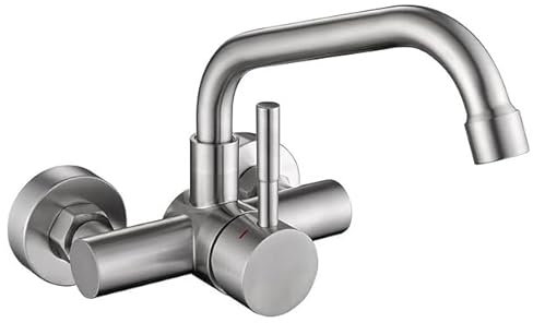 Saeuwtowy Grifo Cocina de Pared 15 cm Orificio de Montaje, Grifería de Mezclador Monomando de Acero Inoxidable 304, Grifería de Fregadero Rotación de 360​°, Agua Fría y Caliente, Plateado