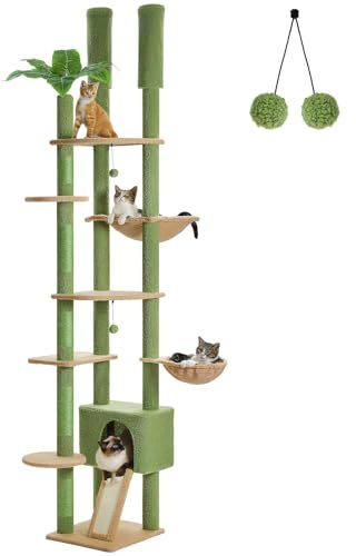 PAWZ Road Kaktus Kratzbaum Deckenspanner, 230-252cm Grün | deckenhoher katzenbaum, Hoch Katzenbaum Kaktus, Katzenhöhle, Katzenhängematte, Kletterbaum, 43L x 39B x 230H cm, Aktiv