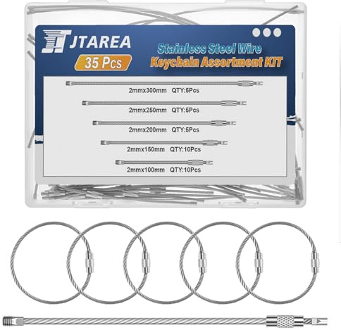 JTAREA 5 Värden 4 6 8 10 30 cm rostfri ståltråd nyckelring kabel nyckelring kit 2 mm tjocklek metall tråd nyckelringar ögla för att hänga bagagelapp nycklar ID-taggar