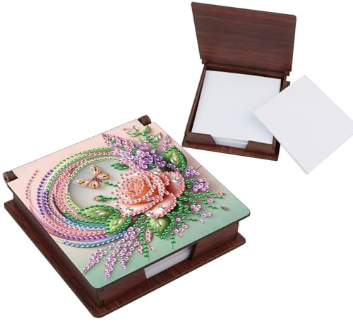 DoxQcs Scatola portaoggetti per appunti, in legno, con pittura a diamante, riutilizzabile, per organizzare la scrivania, con fiori rosa