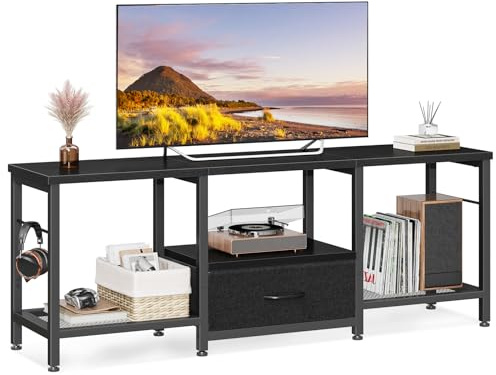 Coleshome TV Schrank, Fernsehtisch mit DREI Offenen Fächern und Einer Großen Stoffschublade, TV Board Geeignet für Wohnzimmer, Spielzimmer, Bietet Platz für Fernseher bis zu 120 cm Länge, Schwarz