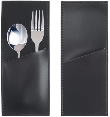 CALFOVERA 2 Funda para Cubiertos de Cuero Sintético Negro, Estilo Rústico, para Guardar Utensilios, Bolsa de Cuero, Organizador Vintage para Vajilla, para el Hogar, la Cocina, Decoración Navideña.