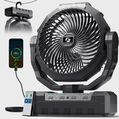 FRIZCOL 3-in-1 Camping Fan - Portable Fans Rechargeable - 24000mAh Battery Powered Fan with Light for Indoor, Outdoor, Tent, Travel, Fishing, Jobsite, Gifts for Men Dad Him – Black Coal