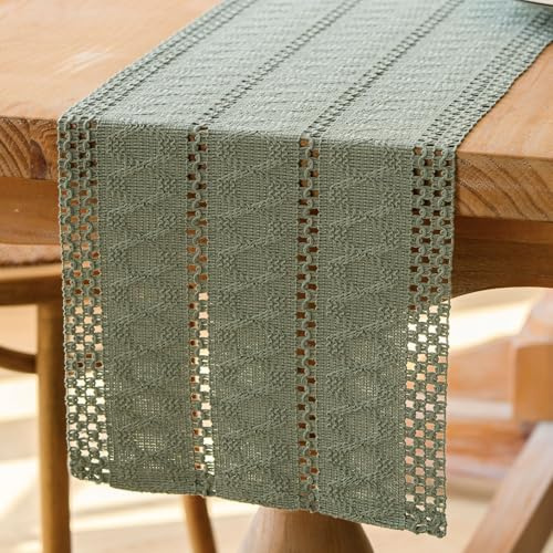 Jayusaror Tischläufer Grün Salbeigrün Boho Makramee Modern Frühling Bauernhaus Klein Tischdecke Landhausstil Rustikaler Tisch Läufer Baumwolle Leinen Table Runner für Hochzeit Party Deko 30x100 cm