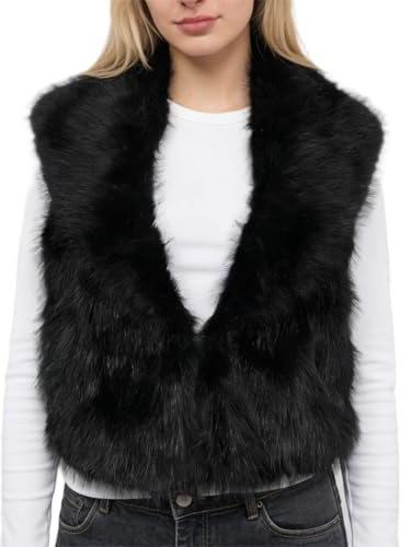 Amazhiyu Gilet in pelliccia sintetica da donna, cardigan con risvolto aperto sul davanti con tasche, senza maniche, scollo a V, per inverno/autunno, Nero , XL