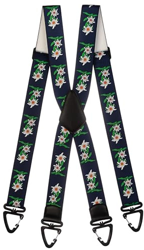 Olata Hosenträger in X-Form, Edelweiß-Muster Plastikkarabiner, 40 mm | 40-mm-Hosenträger in X-Form mit Edelweißmotiv, Karabiner und Lederkreuz; sicher für Arbeit oder elegante Kleidung.