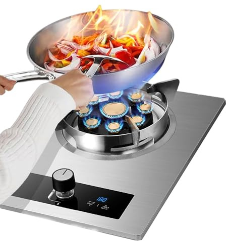 THEGA Fornello A Gas da 5,0 KW, Cucina A Gas in Acciaio Inossidabile, Piano Cottura A Gas da Campeggio con 1 Bruciatore Incorporato, con Protezione Antispegnimento E Timer(NG)