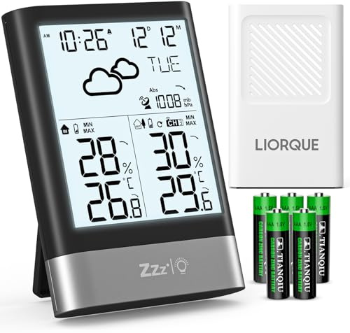 LIORQUE Station Météo Sans Fil Avec RCC, Thermomètre Hygromètre Baromètre Intérieure Extérieure Température Prévisions Météorologiques, LCD Ecran Rétro éclairage Horloge Numérique Alarme Snooze