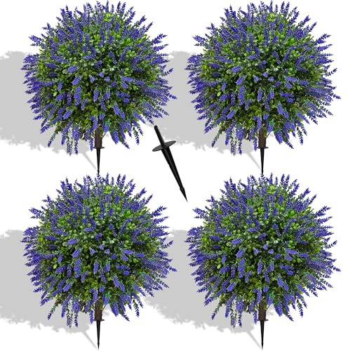 NSOPB 21.6 Inch Artificial Lavender Boxwood Topiary Ball Trees, Set of 4 Fake Shrub Bushes with Ground Spike, UV Resistant Faux Greenery Outdoor Plants for Garden, Patio, Porch, Yard & Indoor Decor