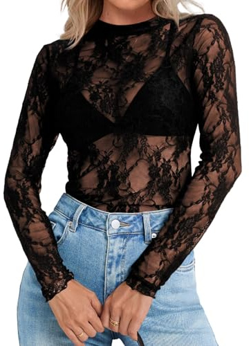 Elesomo Women Lace Long Sleeve Tops Floral Embroidery Sheer Mock Neck T Shirts Mesh Blouses, Black XL